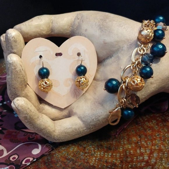 Brighton Contempo Chic Gold and Peacock Blue Beaded Set Retired NWT